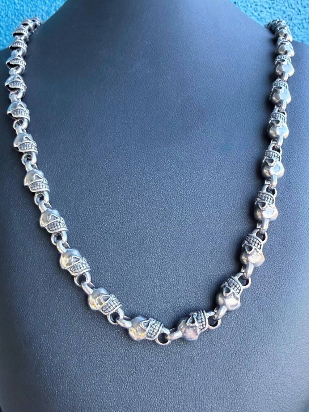 925 Solid Sterling Silver Angry Skull Beads Link Death Necklace Chain 25” 8.5mm